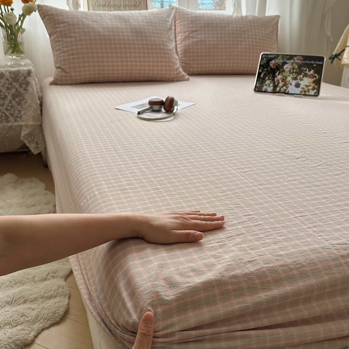 91家纺网 家纺一手货源 找家纺 六巷胡同 2026新款A类全棉纯棉水洗棉色织格子单品床笠 床笠单件 知序-橘格