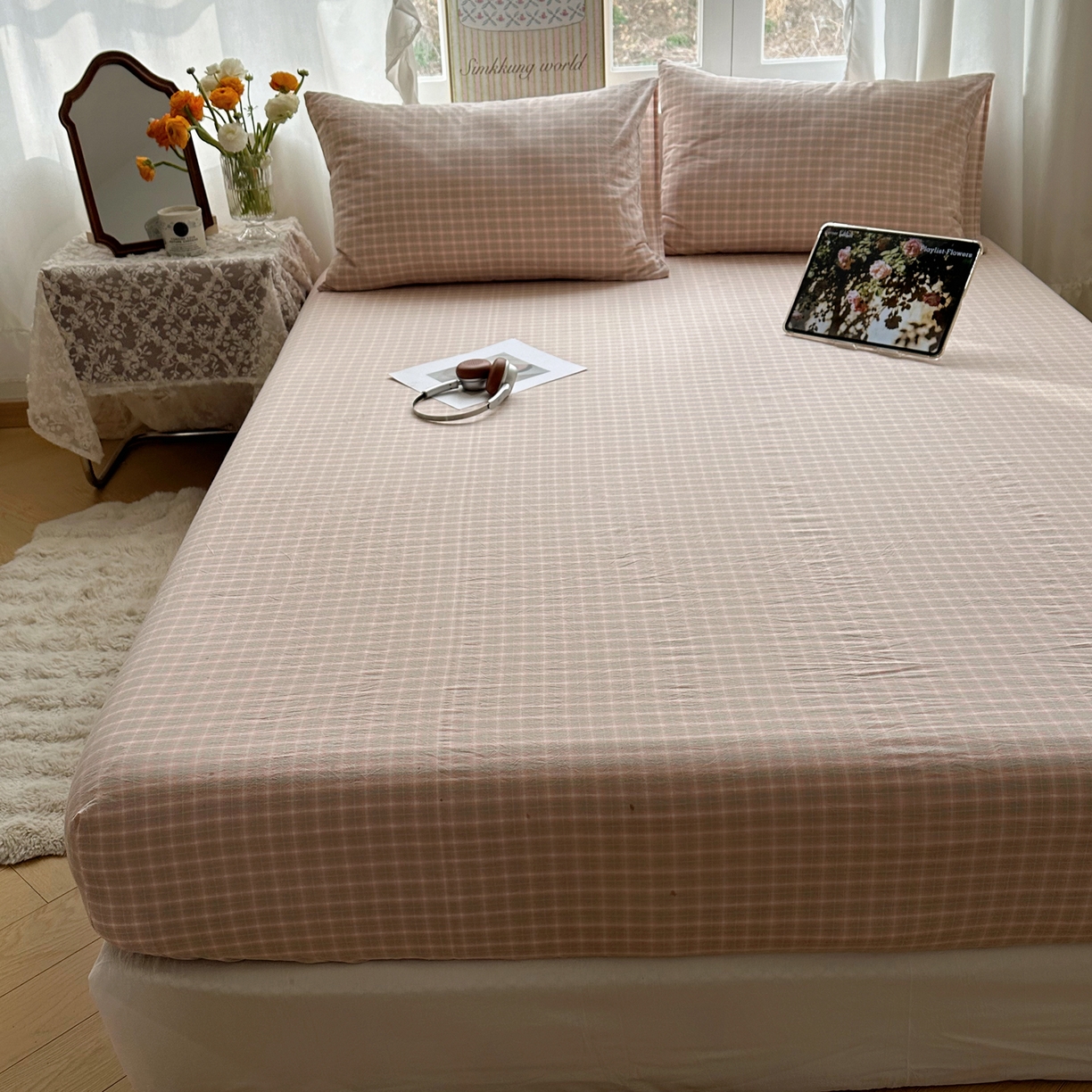 91家纺网 家纺一手货源 找家纺 六巷胡同 2026新款A类全棉纯棉水洗棉色织格子单品床笠 床笠单件 知序-橘格