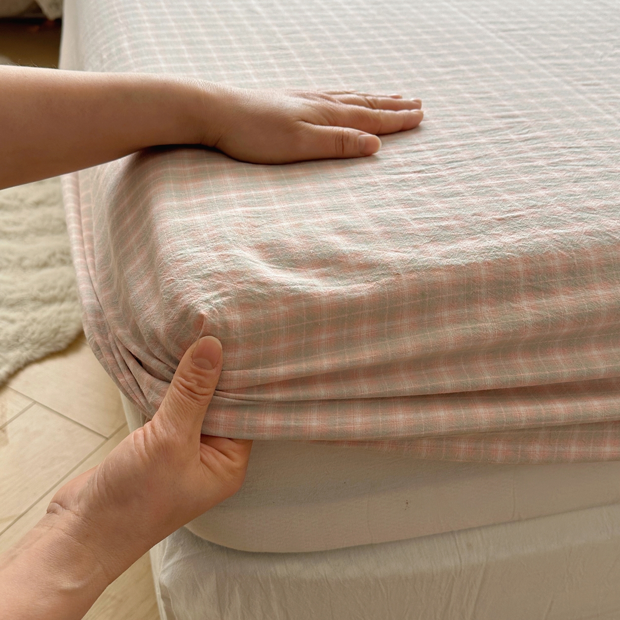 91家纺网 家纺一手货源 找家纺 六巷胡同 2026新款A类全棉纯棉水洗棉色织格子单品床笠 床笠单件 知序-橘格