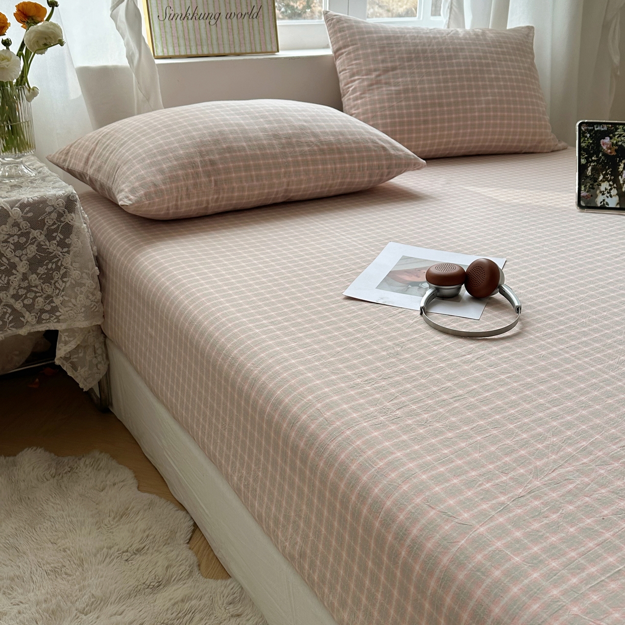 91家纺网 家纺一手货源 找家纺 六巷胡同 2026新款A类全棉纯棉水洗棉色织格子单品床笠 床笠单件 知序-橘格