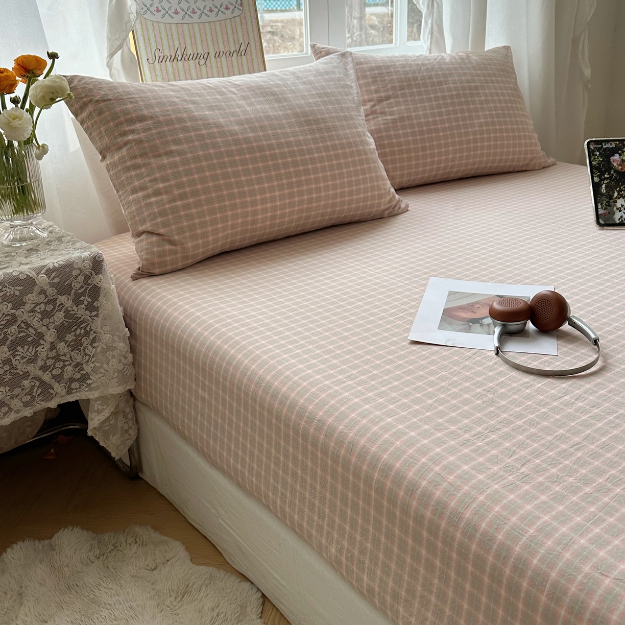 91家纺网 家纺一手货源 找家纺 六巷胡同 2026新款A类全棉纯棉水洗棉色织格子单品床笠 床笠单件 知序-橘格