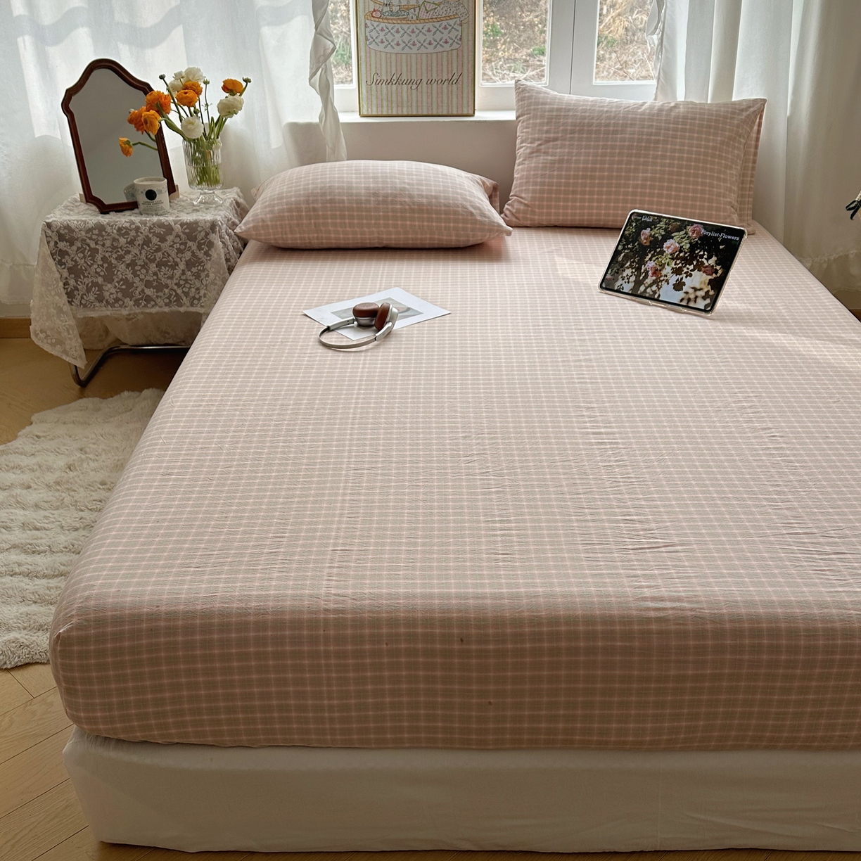 91家纺网 家纺一手货源 找家纺 六巷胡同 2026新款A类全棉纯棉水洗棉色织格子单品床笠 床笠单件 知序-橘格