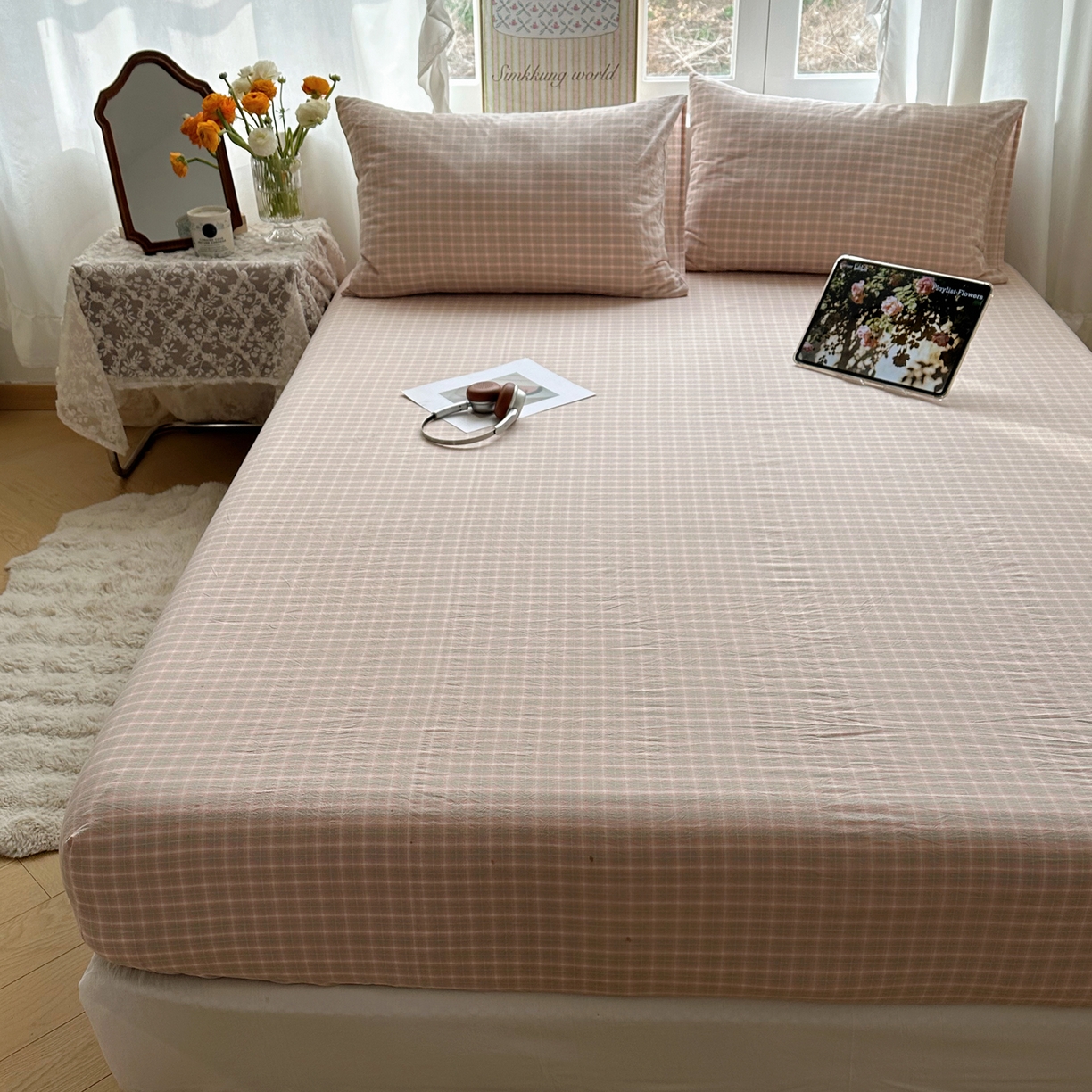 91家纺网 家纺一手货源 找家纺 六巷胡同 2026新款A类全棉纯棉水洗棉色织格子单品床笠 床笠单件 知序-橘格