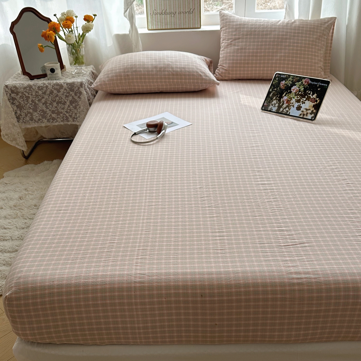 91家纺网 家纺一手货源 找家纺 六巷胡同 2026新款A类全棉纯棉水洗棉色织格子单品床笠 床笠单件 知序-橘格