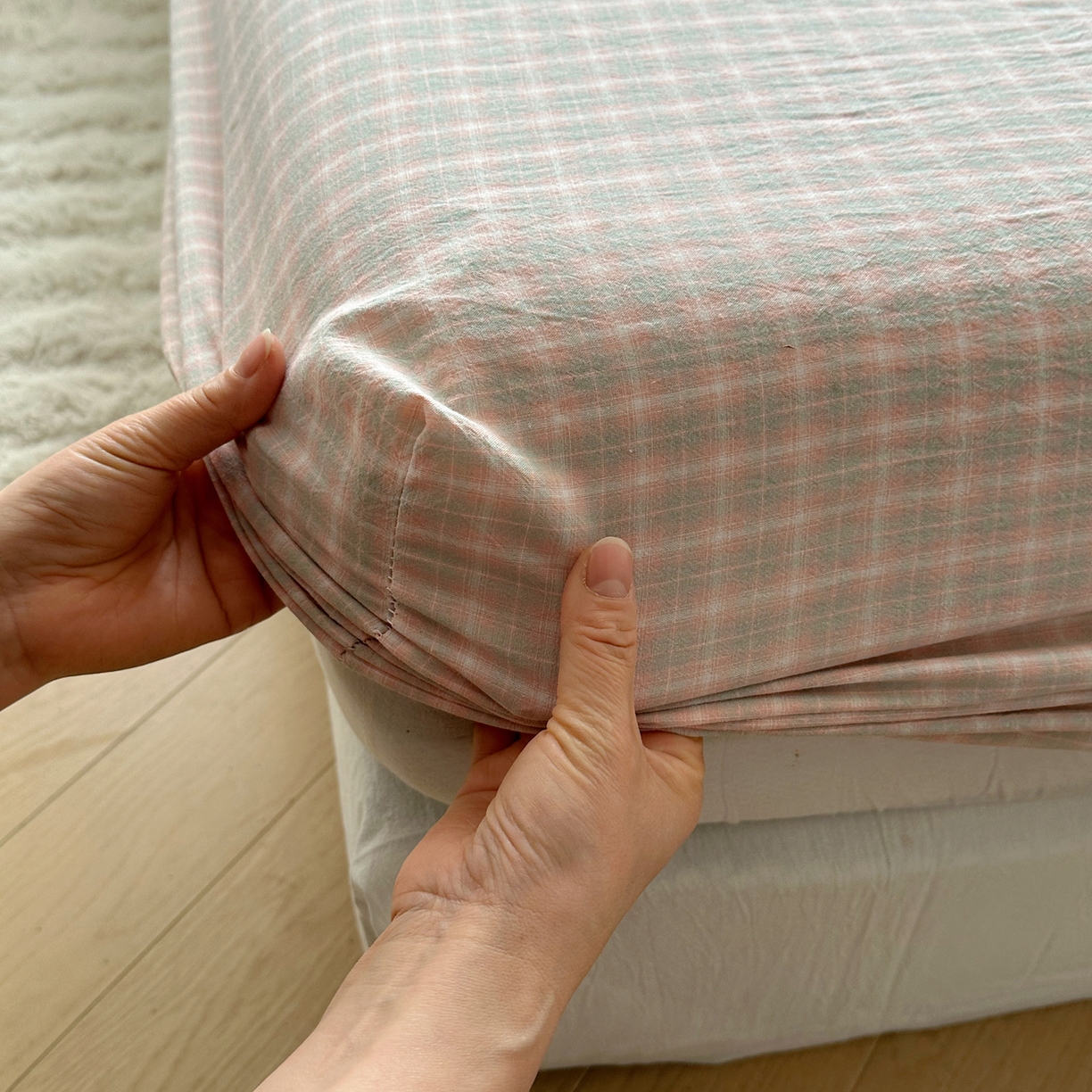 91家纺网 家纺一手货源 找家纺 六巷胡同 2026新款A类全棉纯棉水洗棉色织格子单品床笠 床笠单件 知序-橘格