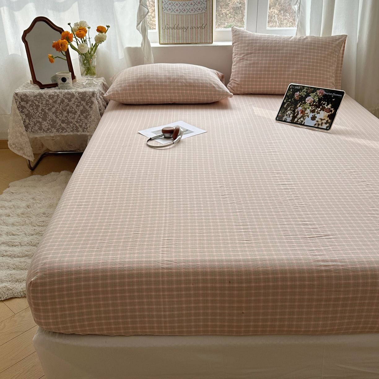 91家纺网 家纺一手货源 找家纺 六巷胡同 2026新款A类全棉纯棉水洗棉色织格子单品床笠 床笠单件 知序-橘格