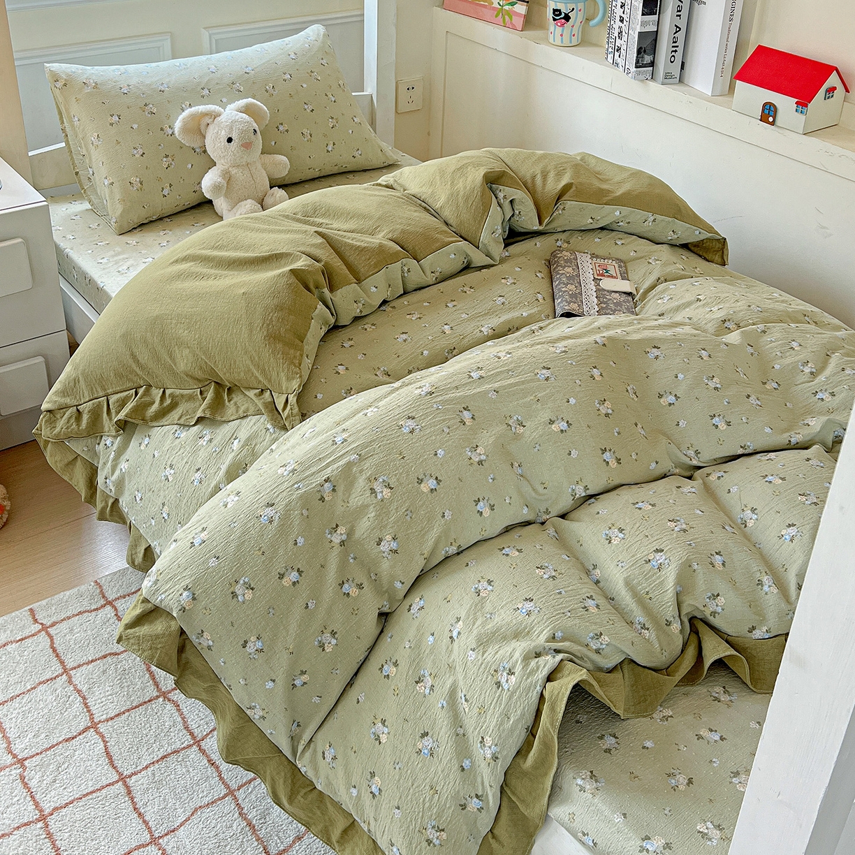 纽缦家纺 2026新款云感提花双层纱学生床韩版床单床笠三四件套 落日暮年绿