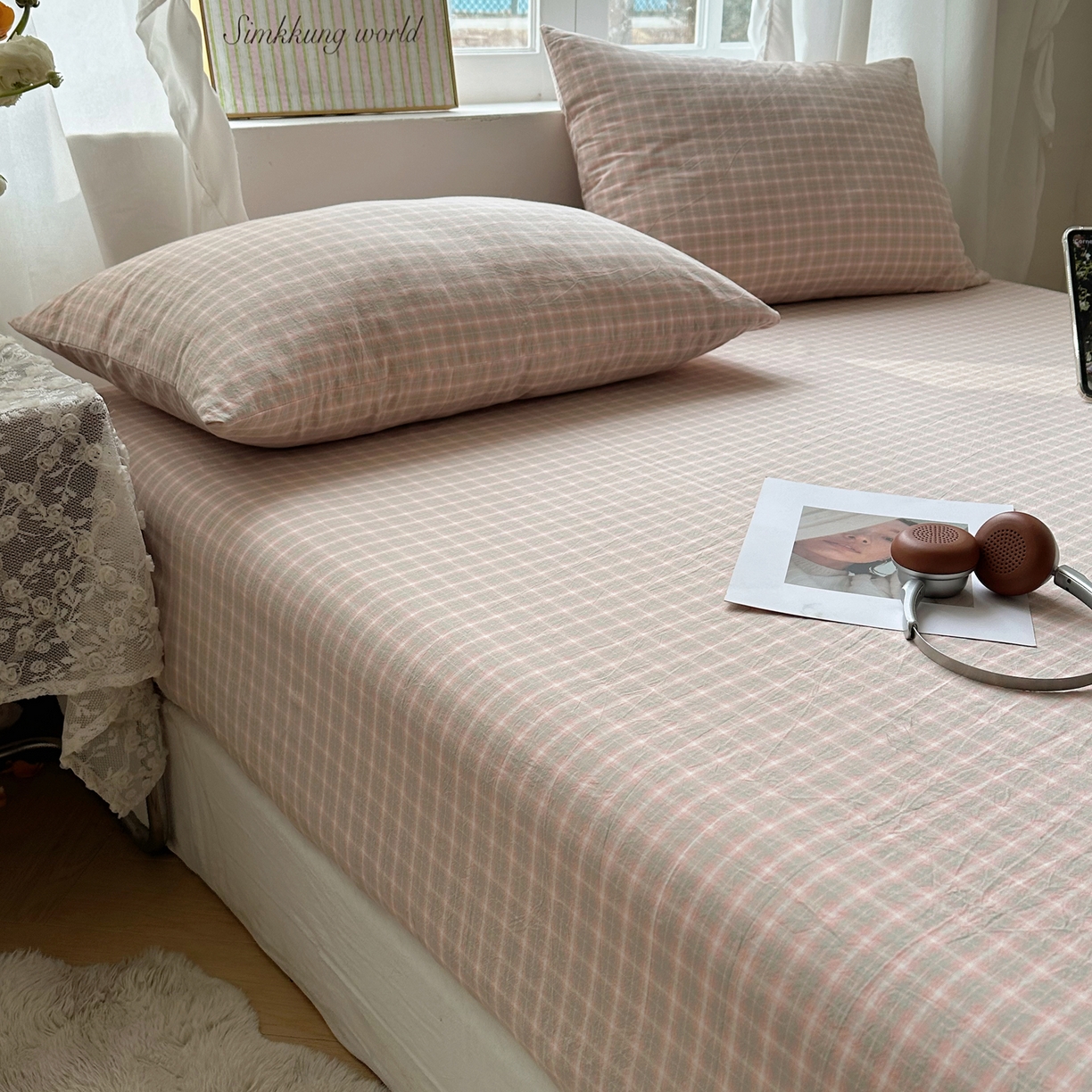 91家纺网 家纺一手货源 找家纺 六巷胡同 2026新款A类全棉纯棉水洗棉色织格子单品床笠 床笠单件 知序-橘格