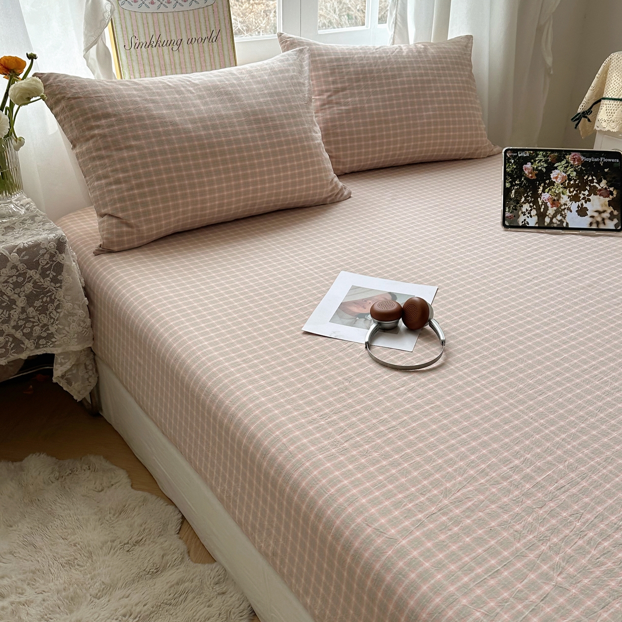 91家纺网 家纺一手货源 找家纺 六巷胡同 2026新款A类全棉纯棉水洗棉色织格子单品床笠 床笠单件 知序-橘格