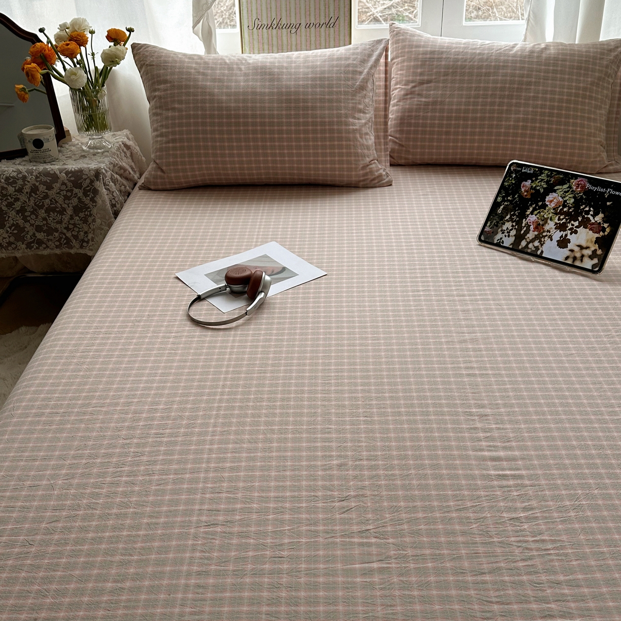 91家纺网 家纺一手货源 找家纺 六巷胡同 2026新款A类全棉纯棉水洗棉色织格子单品床笠 床笠单件 知序-橘格