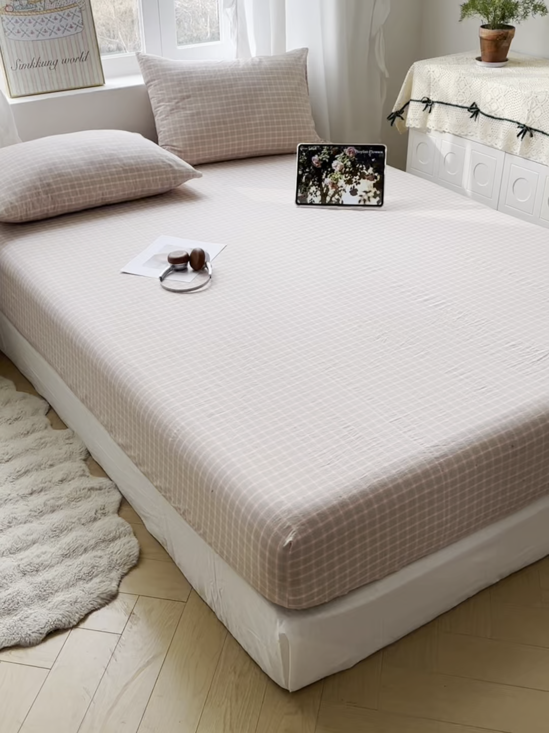 91家纺网 家纺一手货源 找家纺 六巷胡同 2026新款A类全棉纯棉水洗棉色织格子单品床笠 床笠单件 知序-橘格