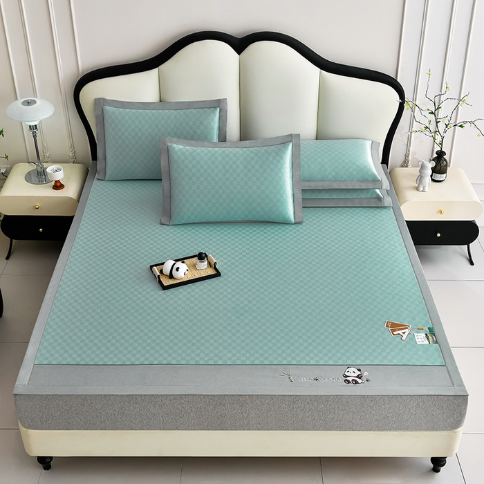 91家纺网 家纺一手货源 找家纺 小牛席业 2026新款亲肤舒适棋盘格-熊猫冰丝席席子凉席 棋盘格-熊猫冰丝席-绿色