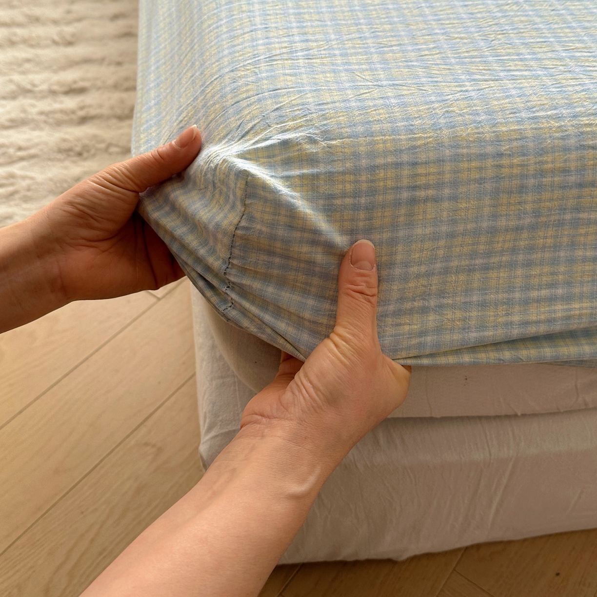 91家纺网 家纺一手货源 找家纺 六巷胡同 2026新款A类全棉纯棉水洗棉色织格子单品床笠 床笠单件 知序-蓝格