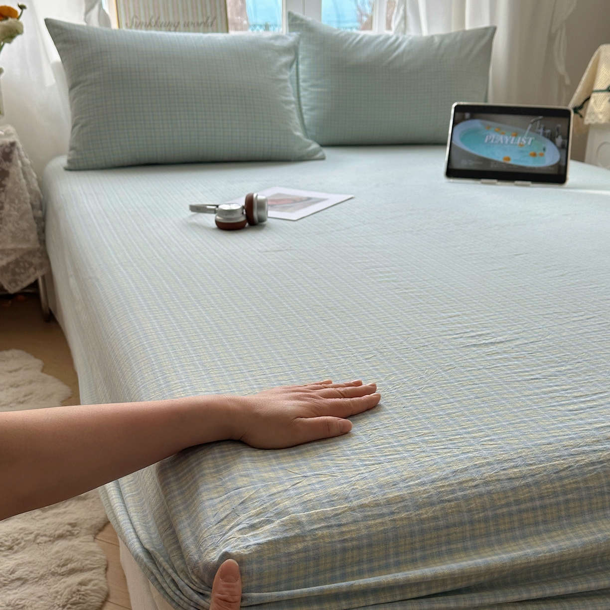 91家纺网 家纺一手货源 找家纺 六巷胡同 2026新款A类全棉纯棉水洗棉色织格子单品床笠 床笠单件 知序-蓝格