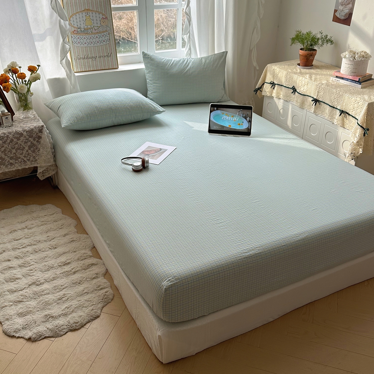 91家纺网 家纺一手货源 找家纺 六巷胡同 2026新款A类全棉纯棉水洗棉色织格子单品床笠 床笠单件 知序-蓝格