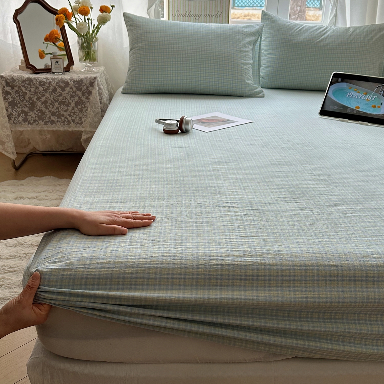 91家纺网 家纺一手货源 找家纺 六巷胡同 2026新款A类全棉纯棉水洗棉色织格子单品床笠 床笠单件 知序-蓝格