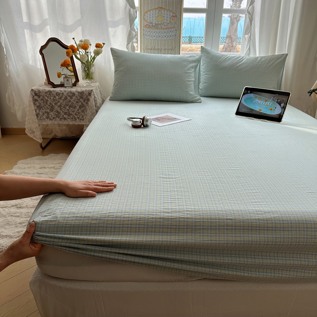 91家纺网 家纺一手货源 找家纺 六巷胡同 2026新款A类全棉纯棉水洗棉色织格子单品床笠 床笠单件 知序-蓝格