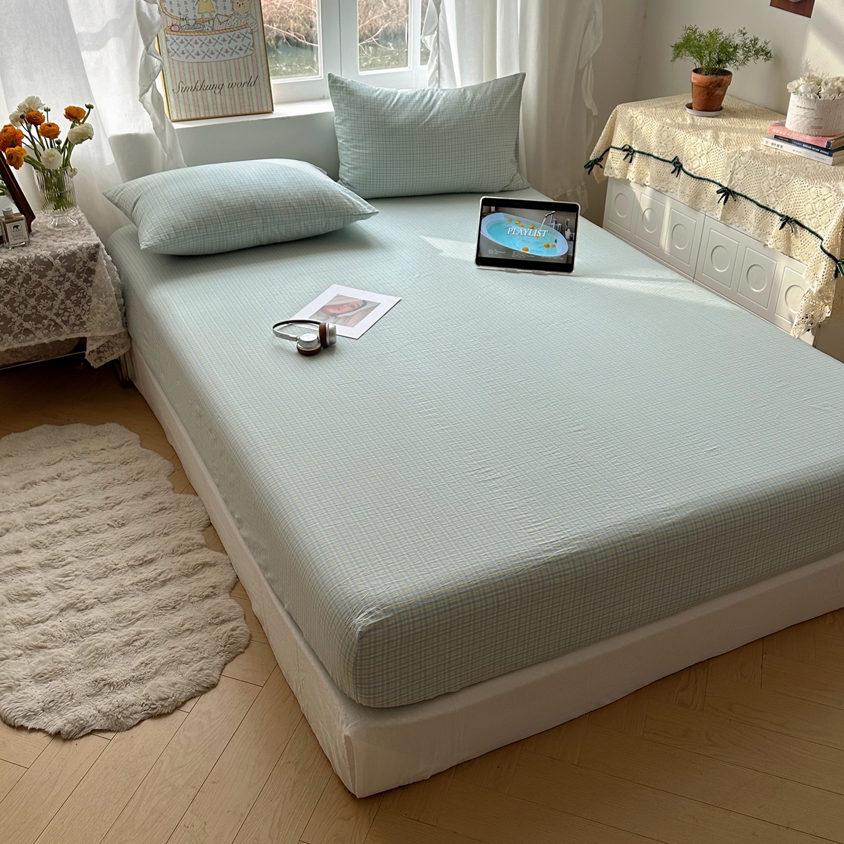 91家纺网 家纺一手货源 找家纺 六巷胡同 2026新款A类全棉纯棉水洗棉色织格子单品床笠 床笠单件 知序-蓝格