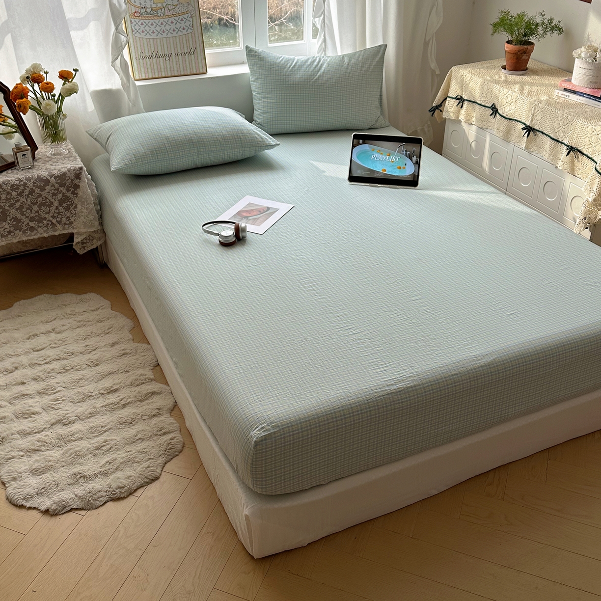 91家纺网 家纺一手货源 找家纺 六巷胡同 2026新款A类全棉纯棉水洗棉色织格子单品床笠 床笠单件 知序-蓝格