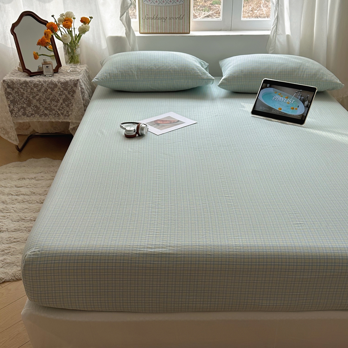 91家纺网 家纺一手货源 找家纺 六巷胡同 2026新款A类全棉纯棉水洗棉色织格子单品床笠 床笠单件 知序-蓝格