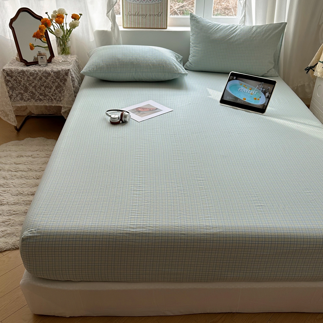 91家纺网 家纺一手货源 找家纺 六巷胡同 2026新款A类全棉纯棉水洗棉色织格子单品床笠 床笠单件 知序-蓝格