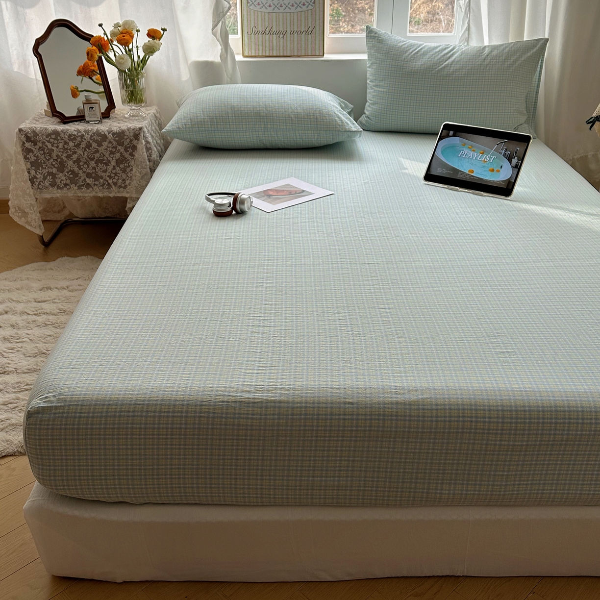 91家纺网 家纺一手货源 找家纺 六巷胡同 2026新款A类全棉纯棉水洗棉色织格子单品床笠 床笠单件 知序-蓝格