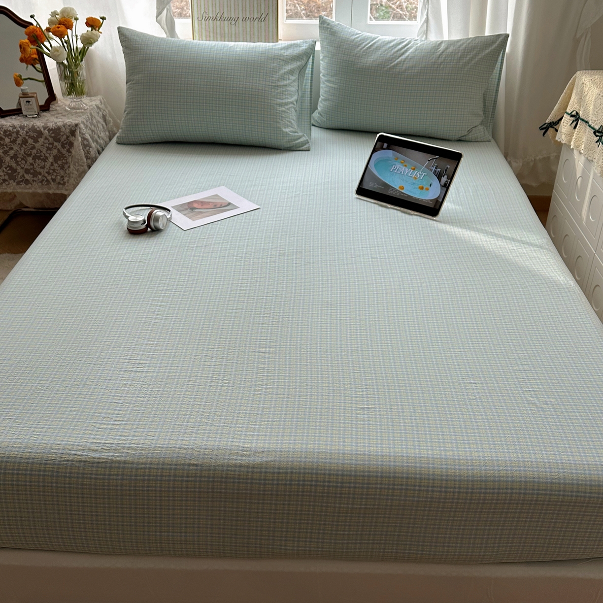 91家纺网 家纺一手货源 找家纺 六巷胡同 2026新款A类全棉纯棉水洗棉色织格子单品床笠 床笠单件 知序-蓝格