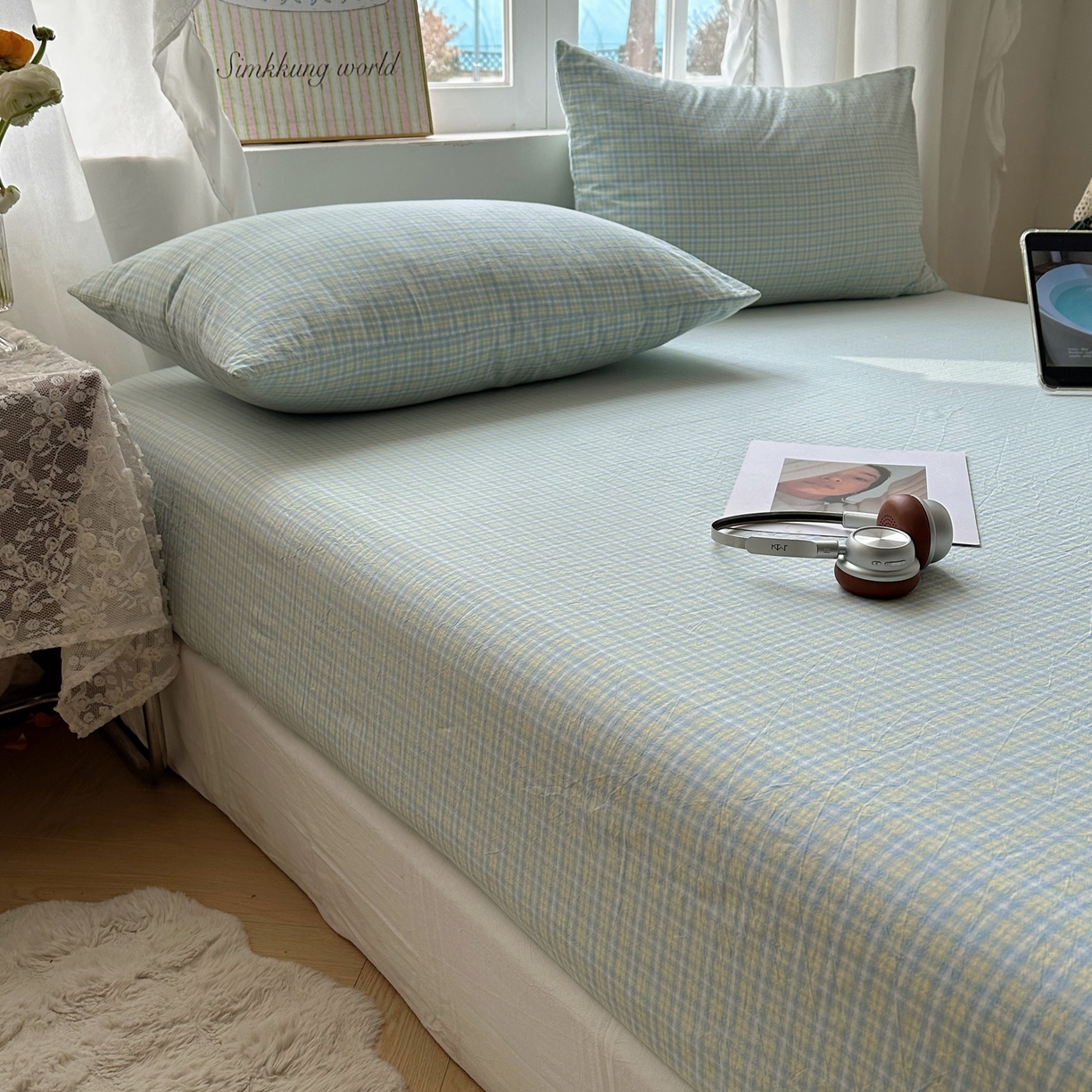 91家纺网 家纺一手货源 找家纺 六巷胡同 2026新款A类全棉纯棉水洗棉色织格子单品床笠 床笠单件 知序-蓝格