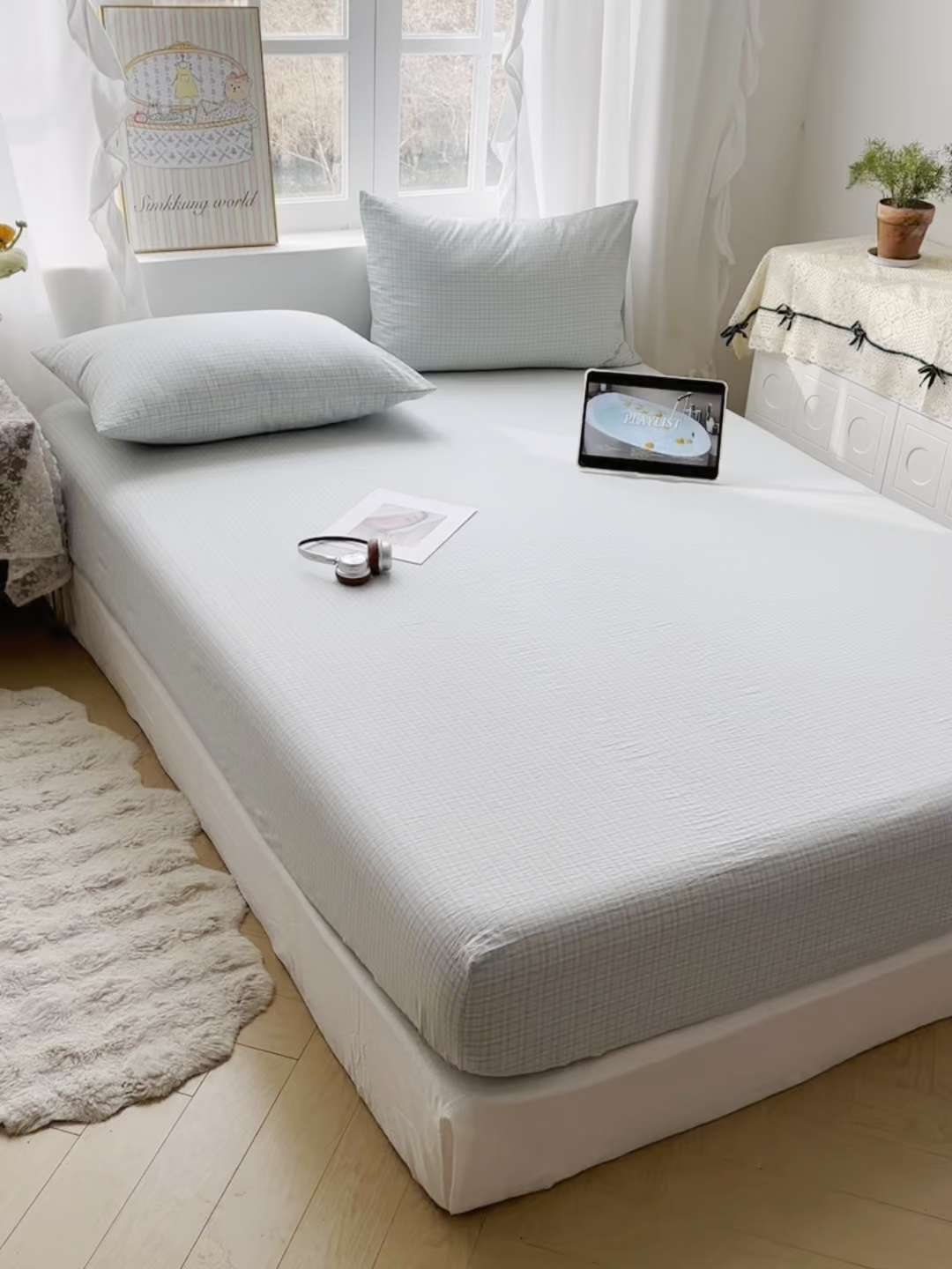 91家纺网 家纺一手货源 找家纺 六巷胡同 2026新款A类全棉纯棉水洗棉色织格子单品床笠 床笠单件 知序-蓝格