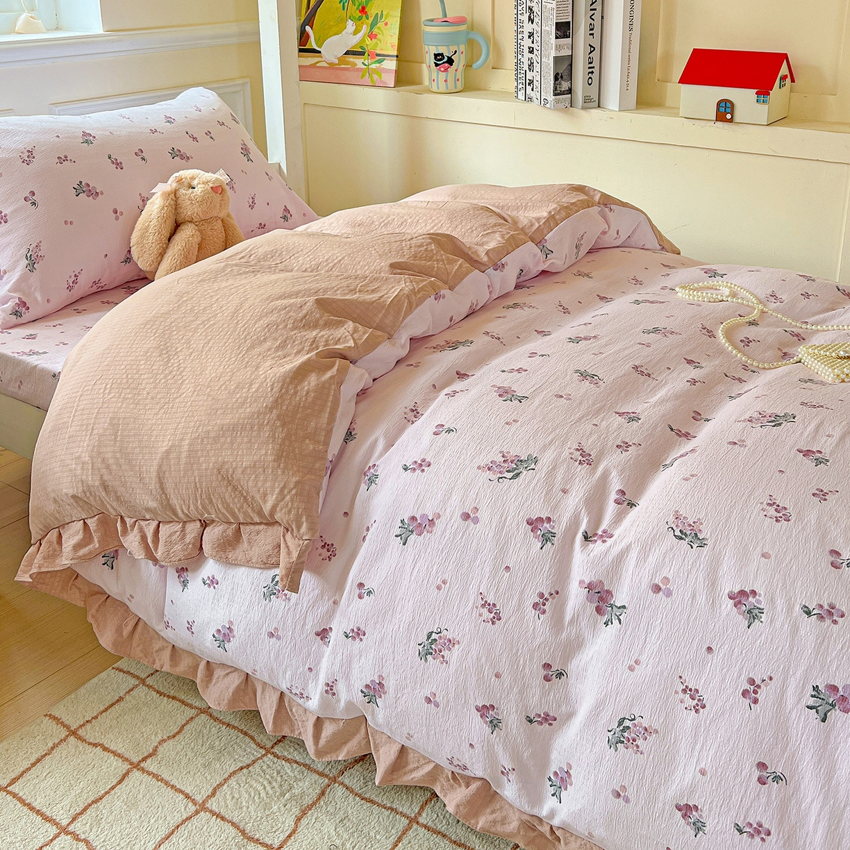 91家纺网 家纺一手货源 找家纺 纽缦家纺 2026新款云感提花双层纱学生床韩版床单床笠三四件套 葡萄七分甜