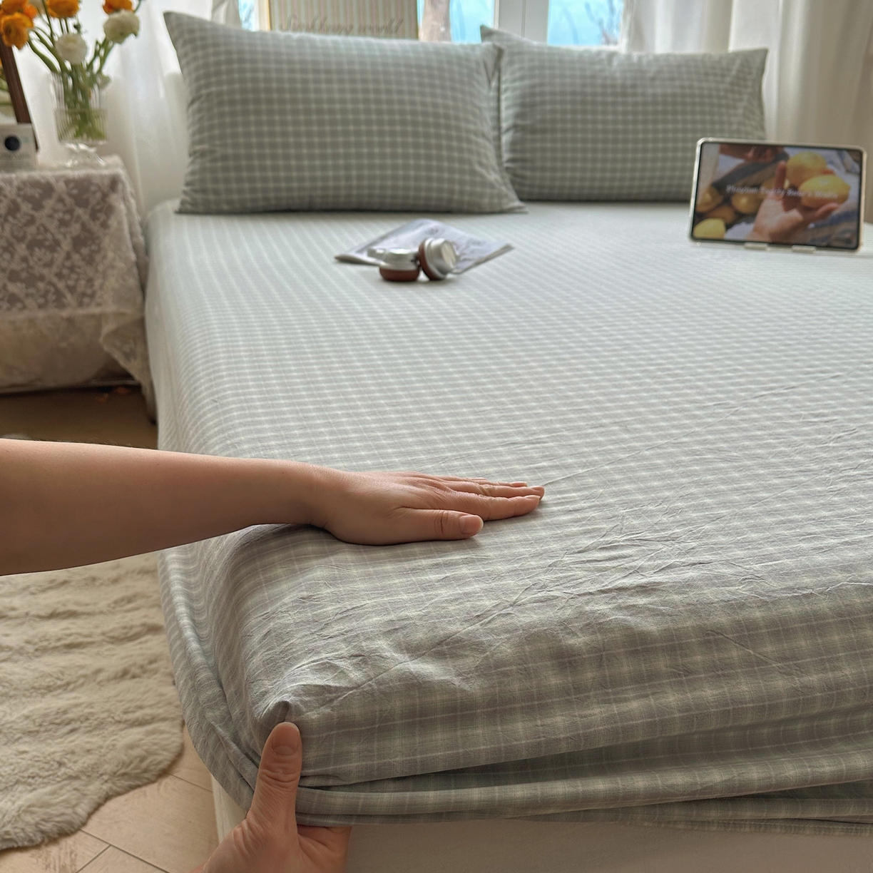 91家纺网 家纺一手货源 找家纺 六巷胡同 2026新款A类全棉纯棉水洗棉色织格子单品床笠 床笠单件 知序-绿格