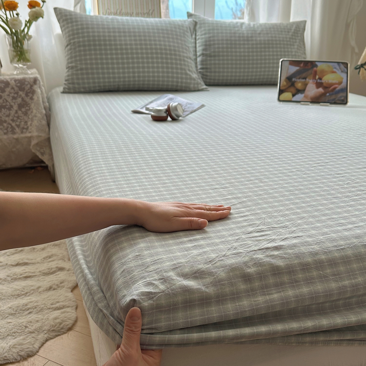 91家纺网 家纺一手货源 找家纺 六巷胡同 2026新款A类全棉纯棉水洗棉色织格子单品床笠 床笠单件 知序-绿格