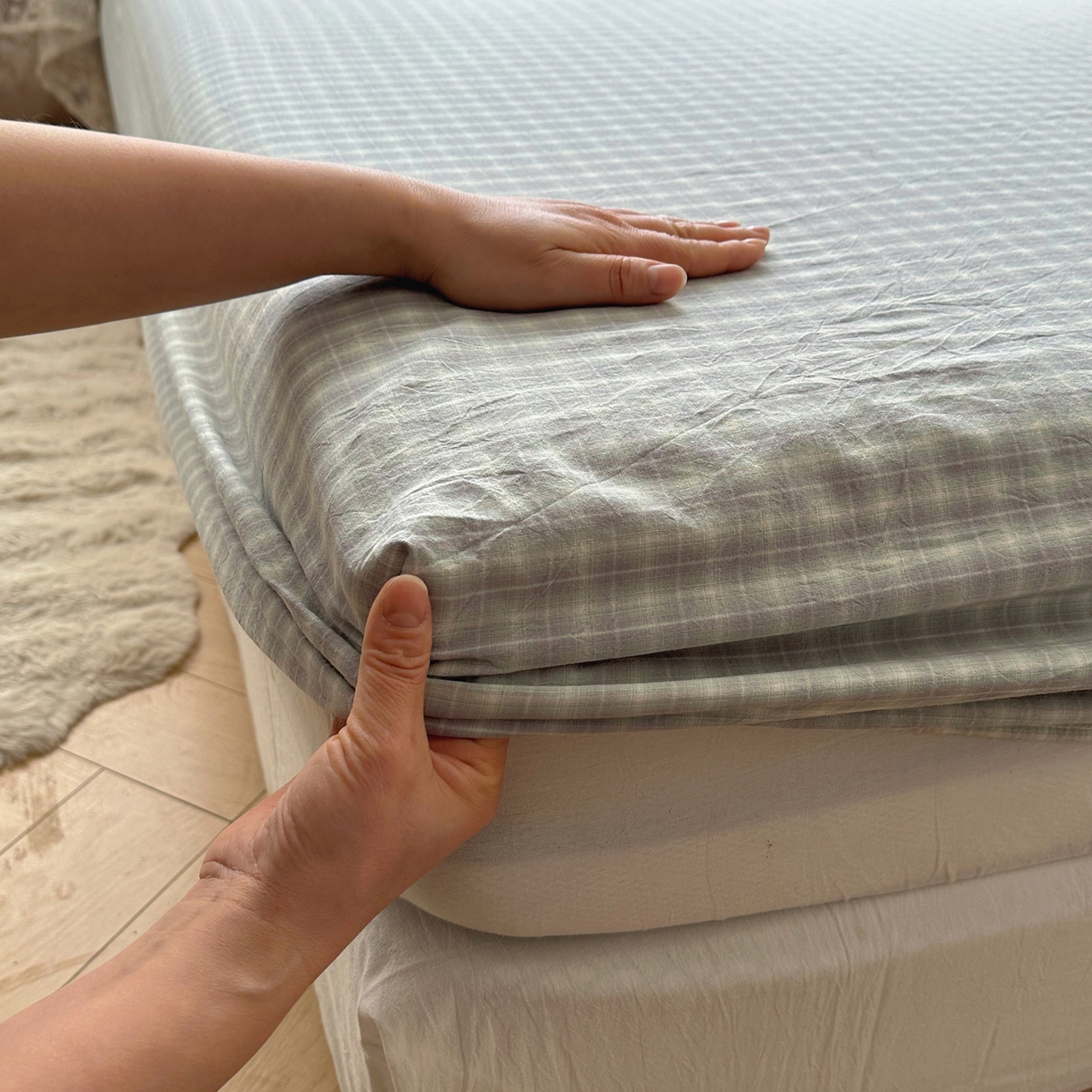 91家纺网 家纺一手货源 找家纺 六巷胡同 2026新款A类全棉纯棉水洗棉色织格子单品床笠 床笠单件 知序-绿格