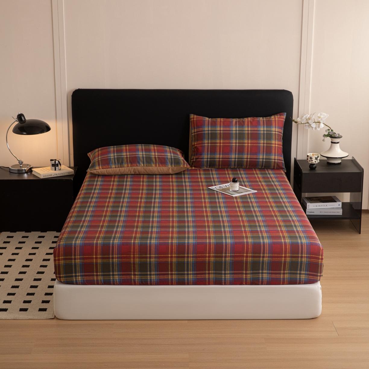 91家纺网 家纺一手货源 找家纺 简宜家居（朝初家纺） 2026新款40支13070全棉简约格子系列A版床笠 英伦-炽焰红