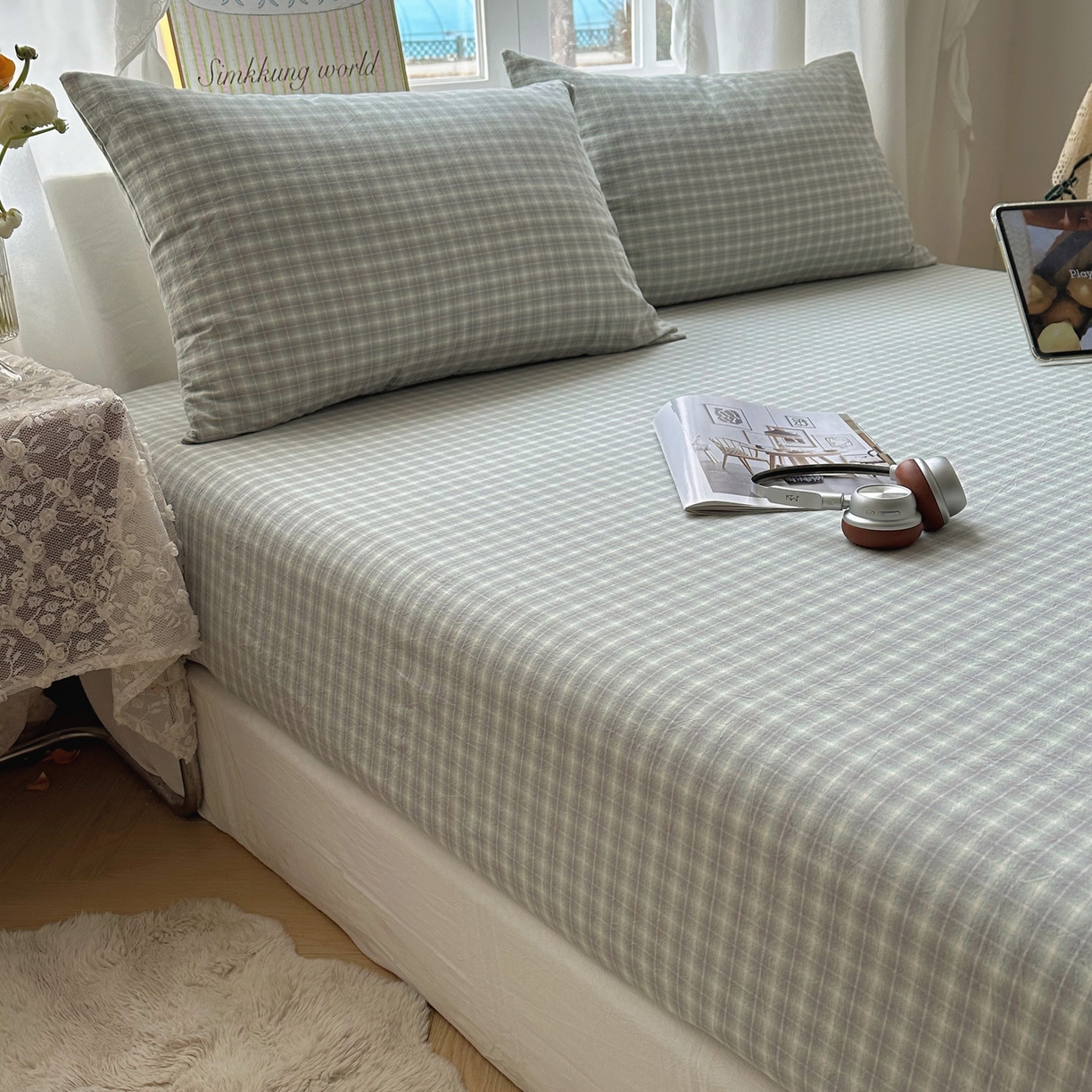 91家纺网 家纺一手货源 找家纺 六巷胡同 2026新款A类全棉纯棉水洗棉色织格子单品床笠 床笠单件 知序-绿格