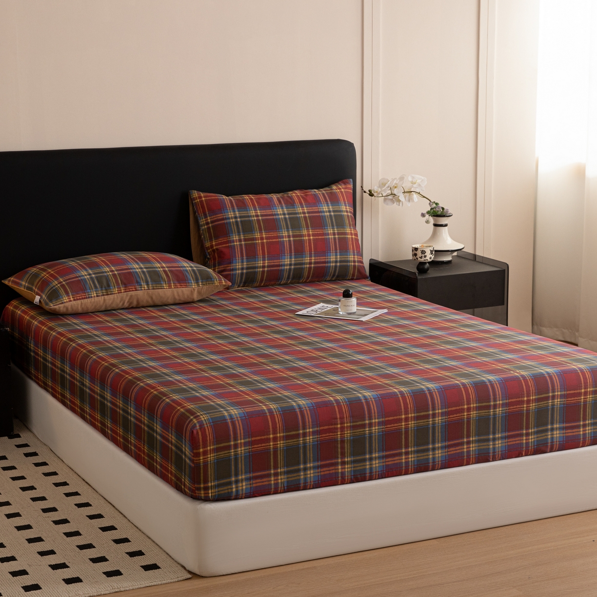 91家纺网 家纺一手货源 找家纺 简宜家居（朝初家纺） 2026新款40支13070全棉简约格子系列A版床笠 英伦-炽焰红