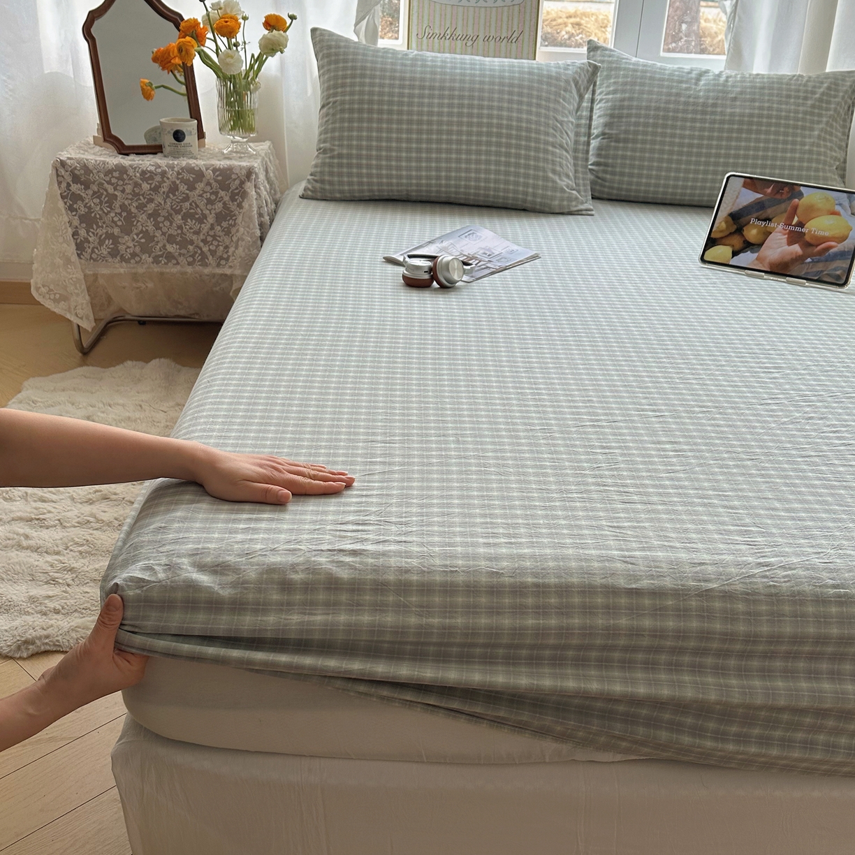 91家纺网 家纺一手货源 找家纺 六巷胡同 2026新款A类全棉纯棉水洗棉色织格子单品床笠 床笠单件 知序-绿格