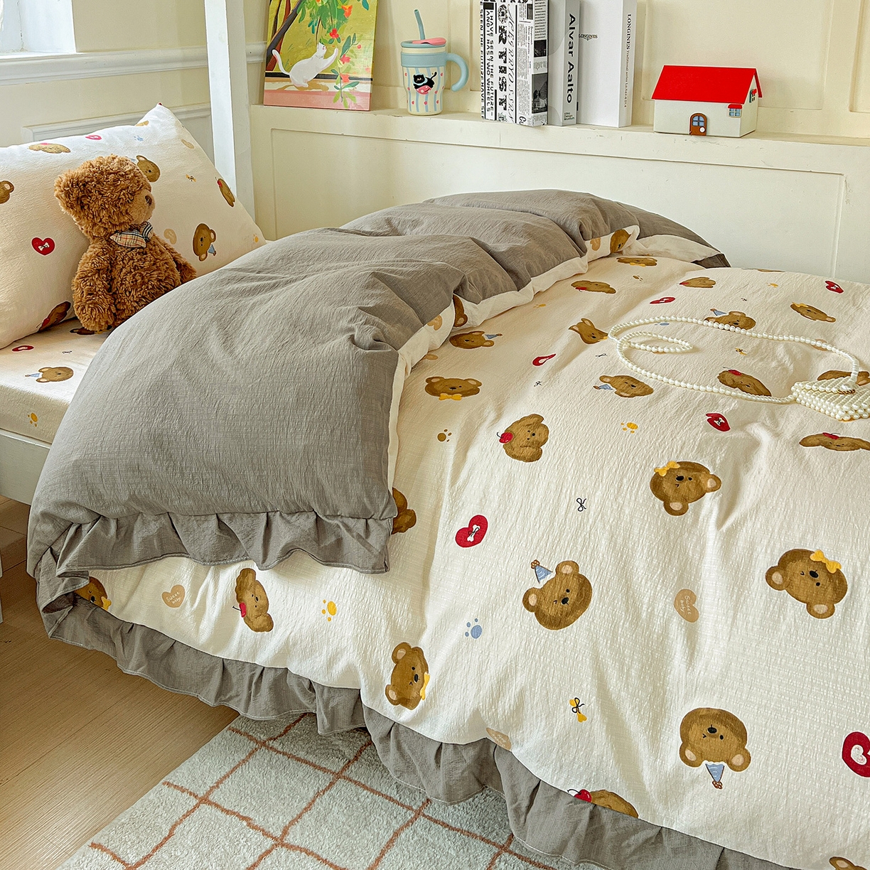 91家纺网 家纺一手货源 找家纺 纽缦家纺 2026新款云感提花双层纱学生床韩版床单床笠三四件套 奇妙小熊米