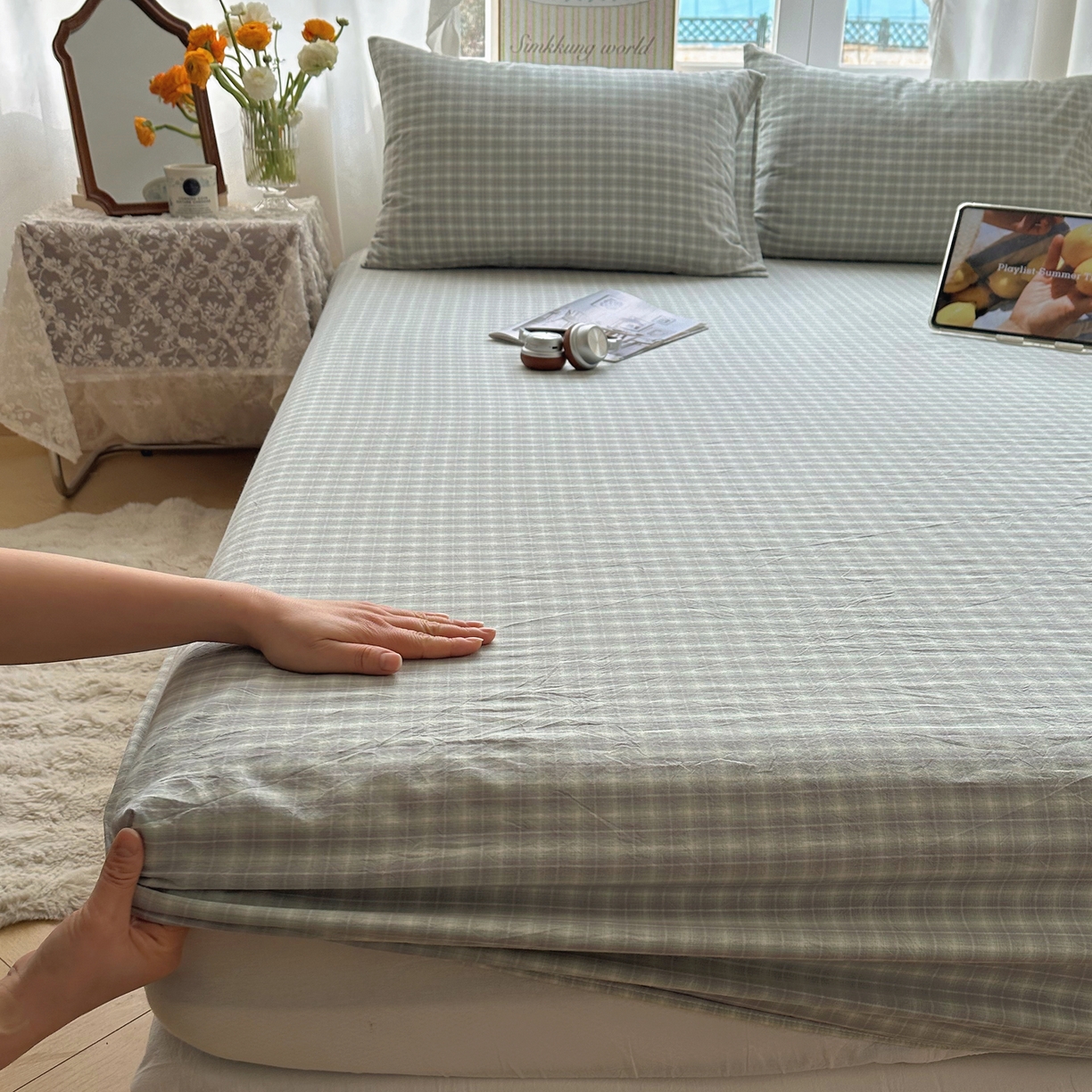 91家纺网 家纺一手货源 找家纺 六巷胡同 2026新款A类全棉纯棉水洗棉色织格子单品床笠 床笠单件 知序-绿格