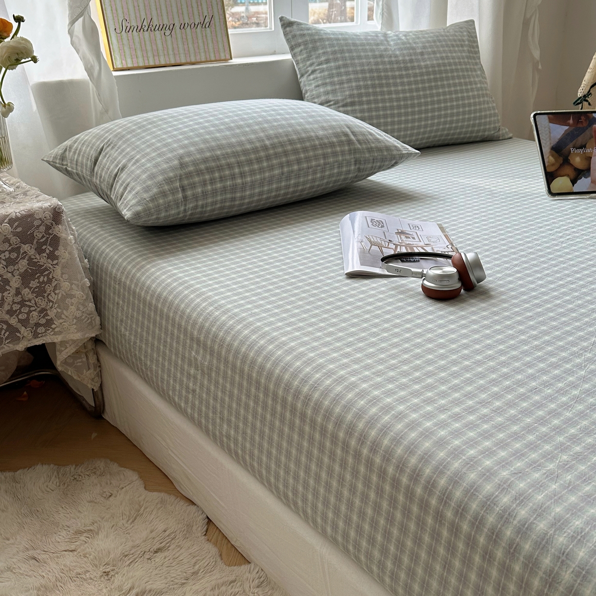 91家纺网 家纺一手货源 找家纺 六巷胡同 2026新款A类全棉纯棉水洗棉色织格子单品床笠 床笠单件 知序-绿格