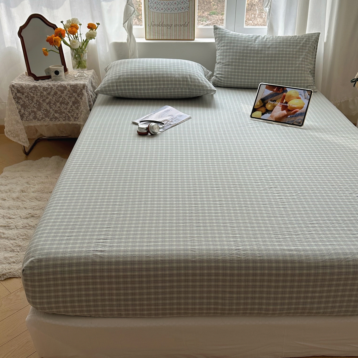 91家纺网 家纺一手货源 找家纺 六巷胡同 2026新款A类全棉纯棉水洗棉色织格子单品床笠 床笠单件 知序-绿格