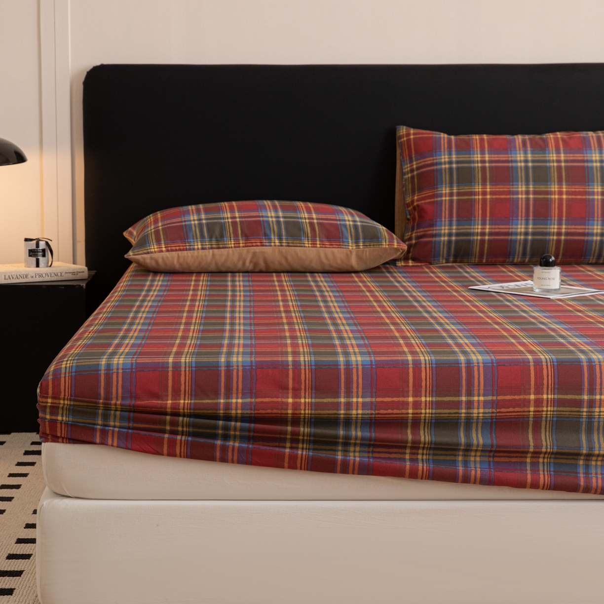 91家纺网 家纺一手货源 找家纺 简宜家居（朝初家纺） 2026新款40支13070全棉简约格子系列A版床笠 英伦-炽焰红