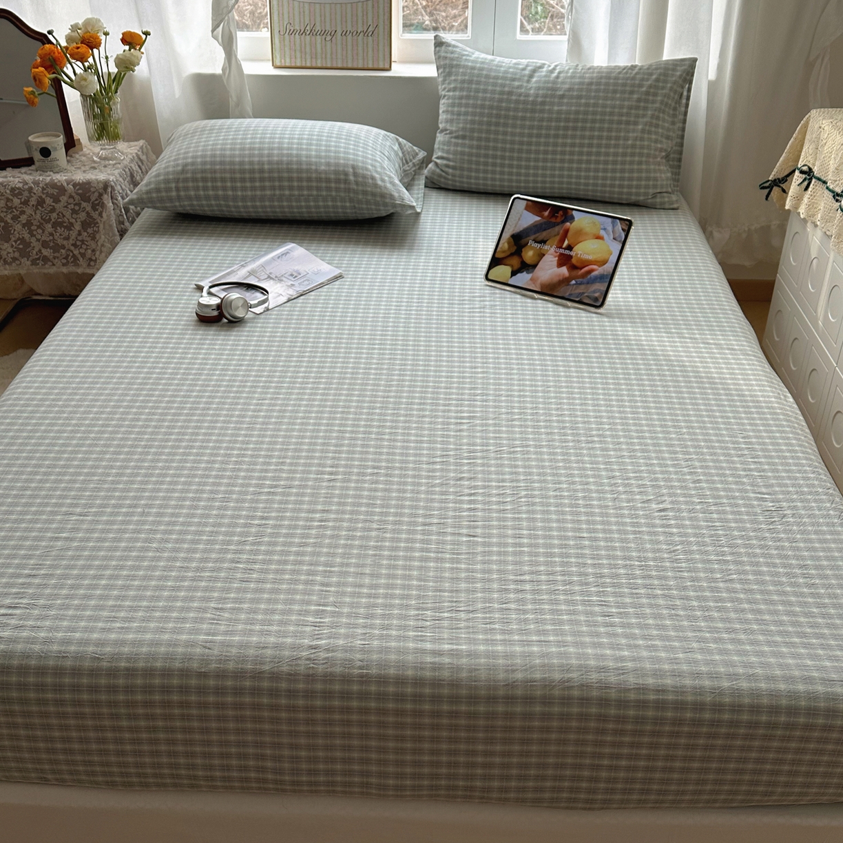 91家纺网 家纺一手货源 找家纺 六巷胡同 2026新款A类全棉纯棉水洗棉色织格子单品床笠 床笠单件 知序-绿格