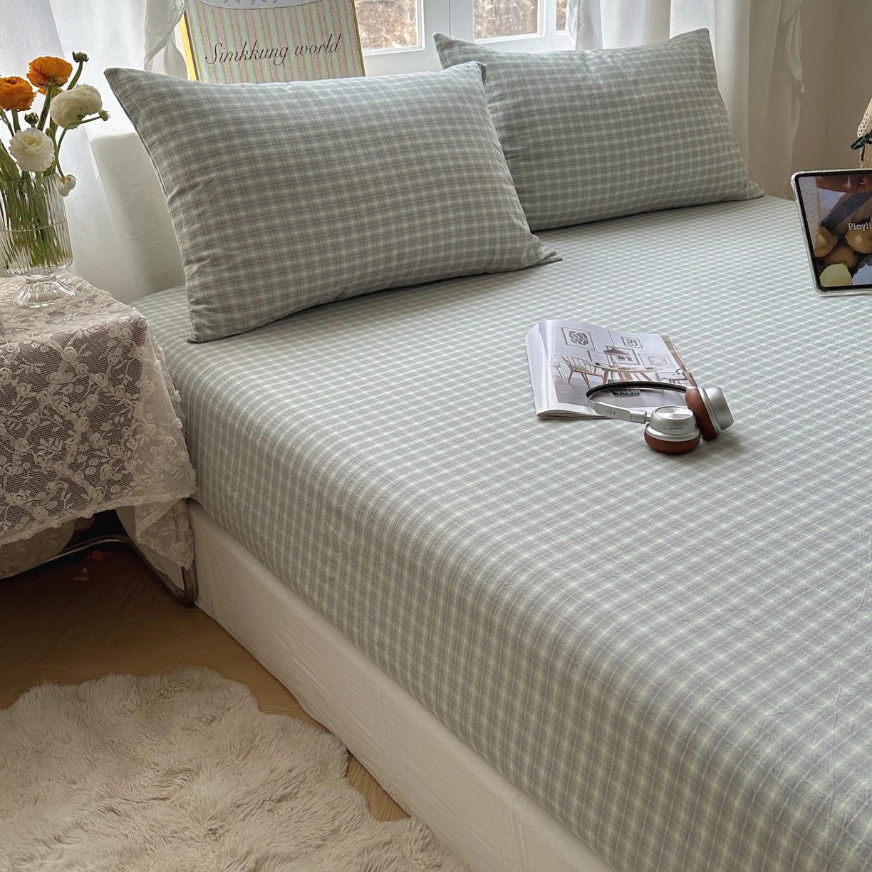 91家纺网 家纺一手货源 找家纺 六巷胡同 2026新款A类全棉纯棉水洗棉色织格子单品床笠 床笠单件 知序-绿格