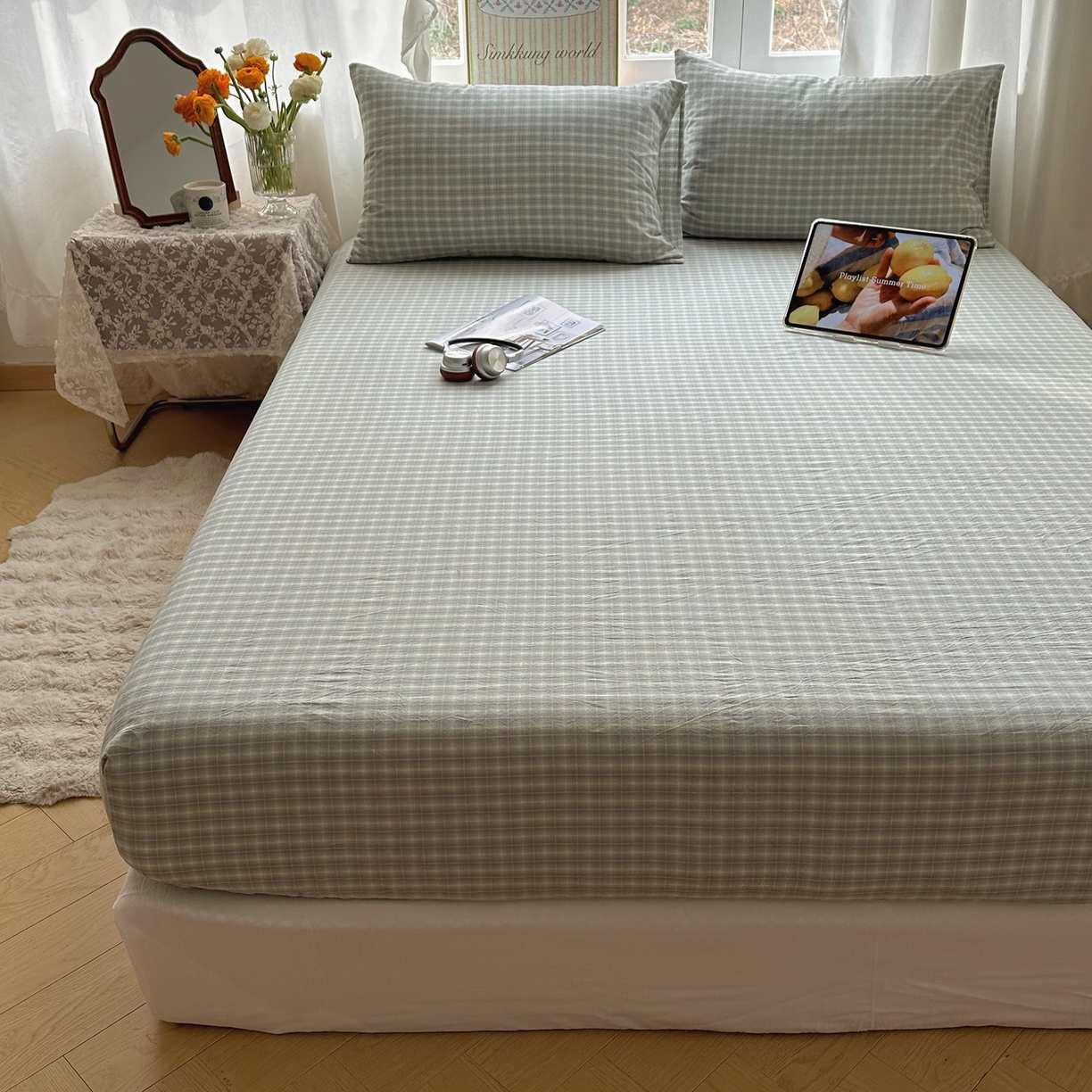 91家纺网 家纺一手货源 找家纺 六巷胡同 2026新款A类全棉纯棉水洗棉色织格子单品床笠 床笠单件 知序-绿格