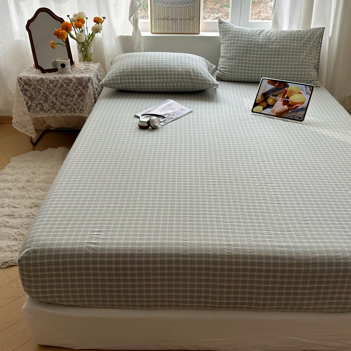 91家纺网 家纺一手货源 找家纺 六巷胡同 2026新款A类全棉纯棉水洗棉色织格子单品床笠 床笠单件 知序-绿格