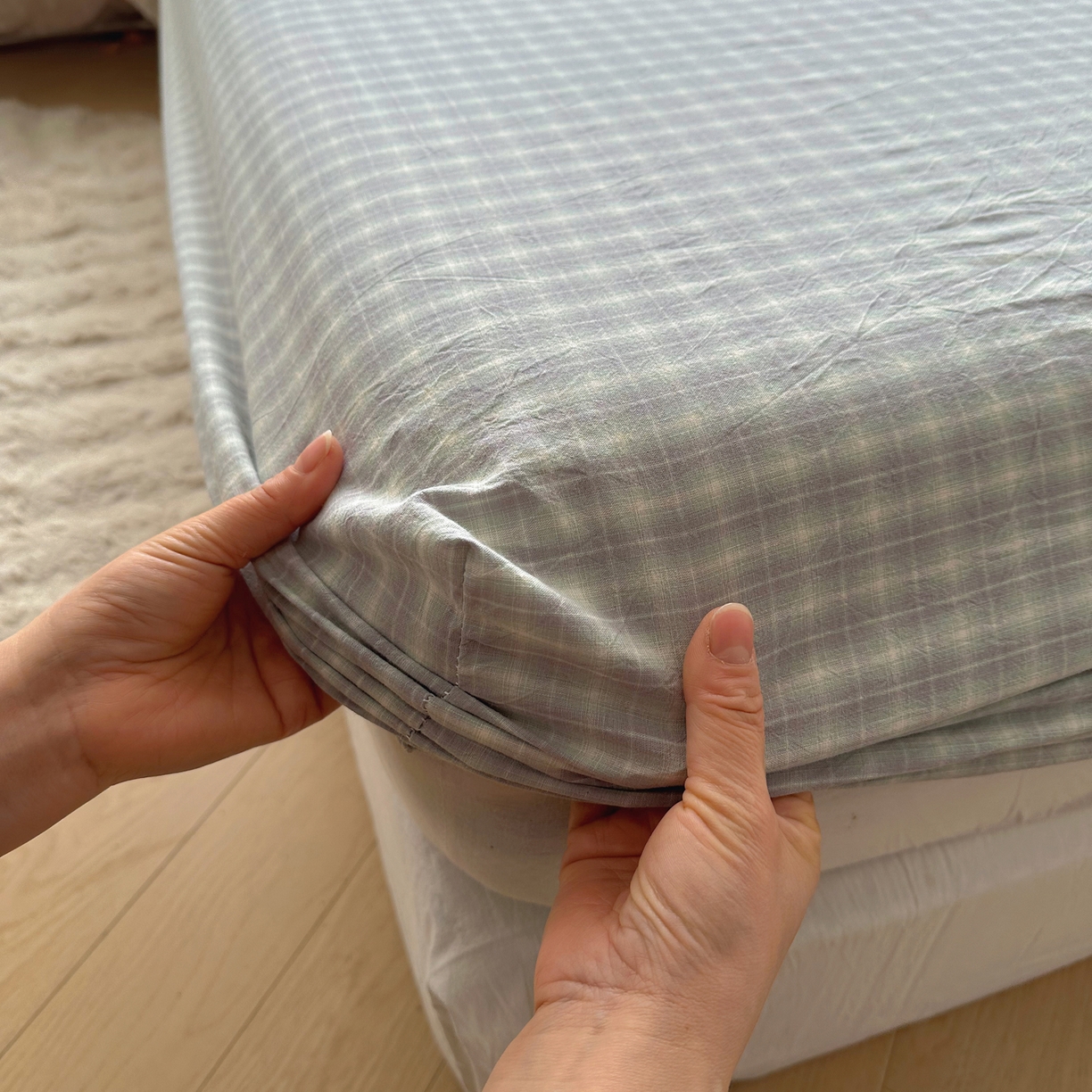 91家纺网 家纺一手货源 找家纺 六巷胡同 2026新款A类全棉纯棉水洗棉色织格子单品床笠 床笠单件 知序-绿格