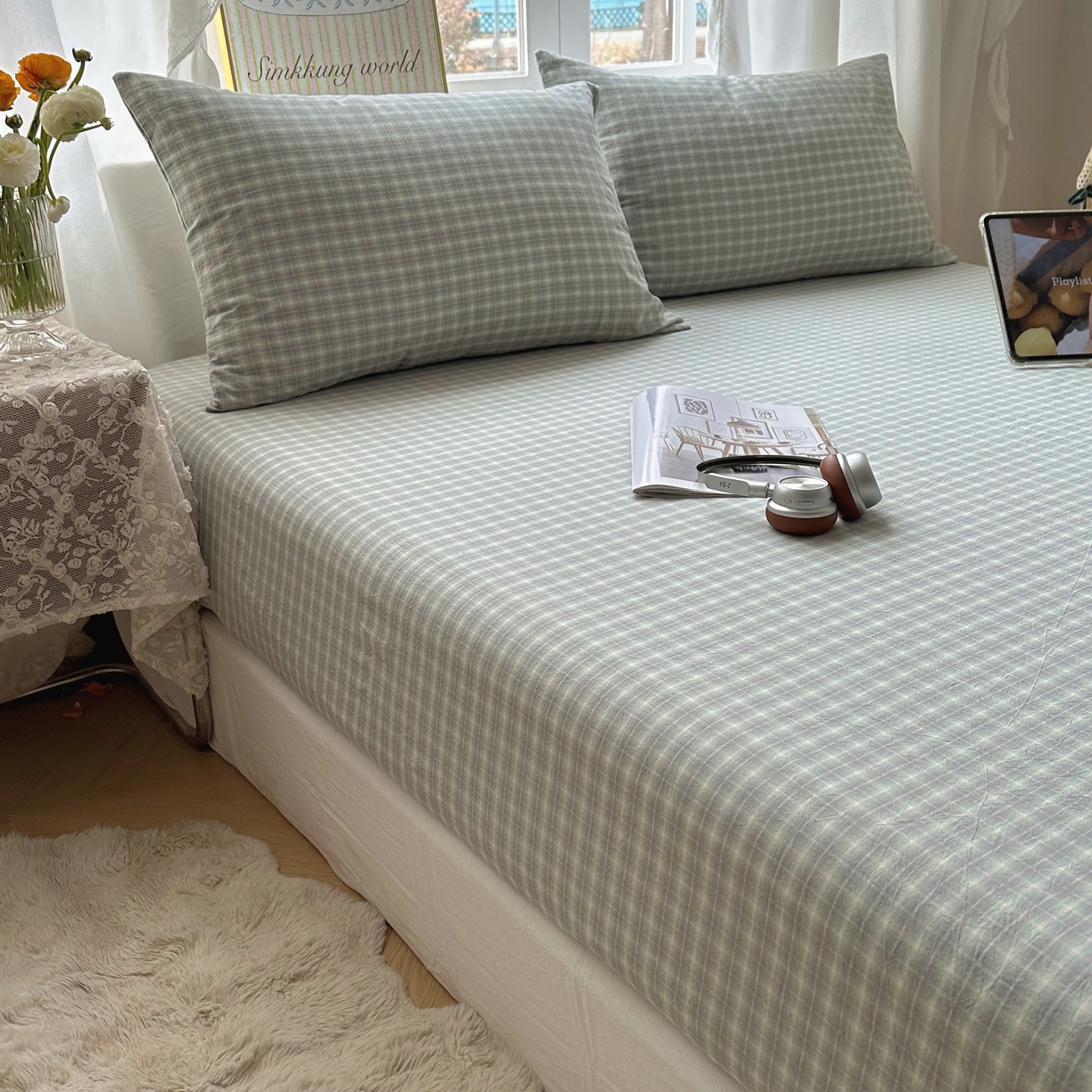 91家纺网 家纺一手货源 找家纺 六巷胡同 2026新款A类全棉纯棉水洗棉色织格子单品床笠 床笠单件 知序-绿格
