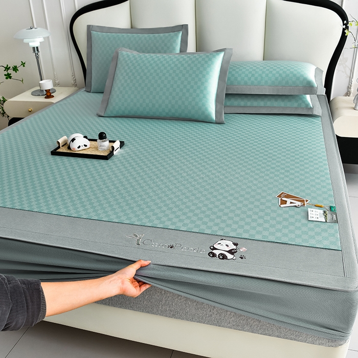 小牛席业 2026新款棋盘格-熊猫凉感冰丝席凉席席子系列（床笠款） 绿色