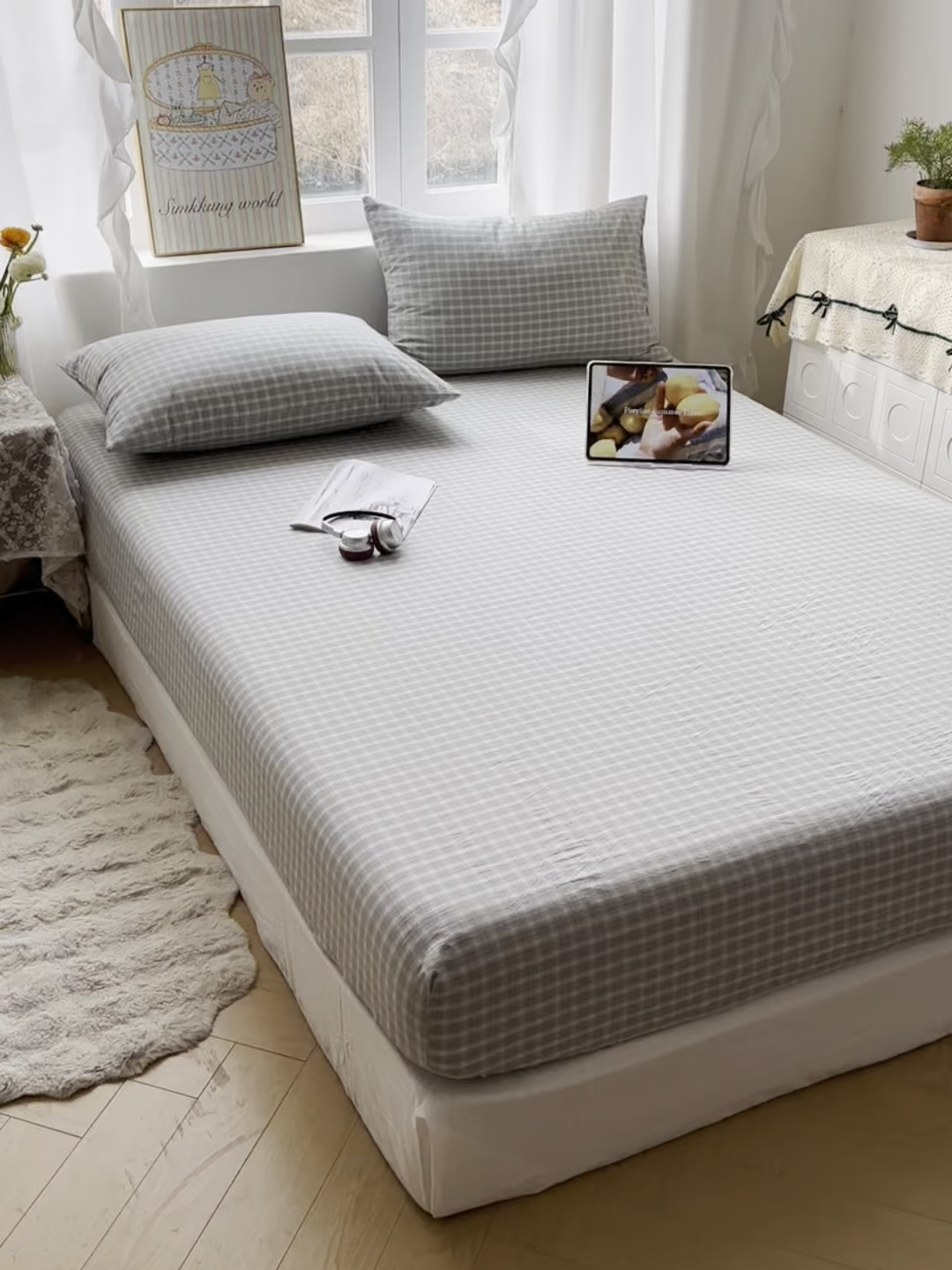 91家纺网 家纺一手货源 找家纺 六巷胡同 2026新款A类全棉纯棉水洗棉色织格子单品床笠 床笠单件 知序-绿格